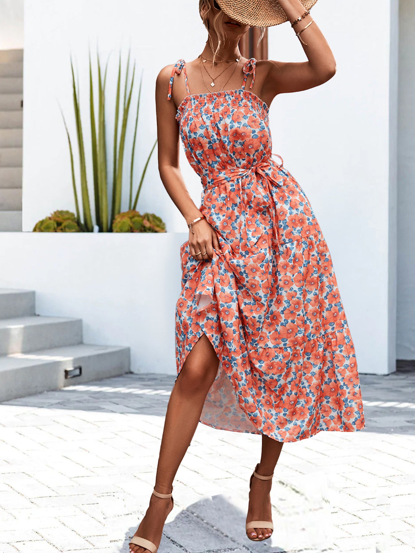 Women's Sundress - Smocked Bodice - Adjustable Straps - Floral Print - Midi Length