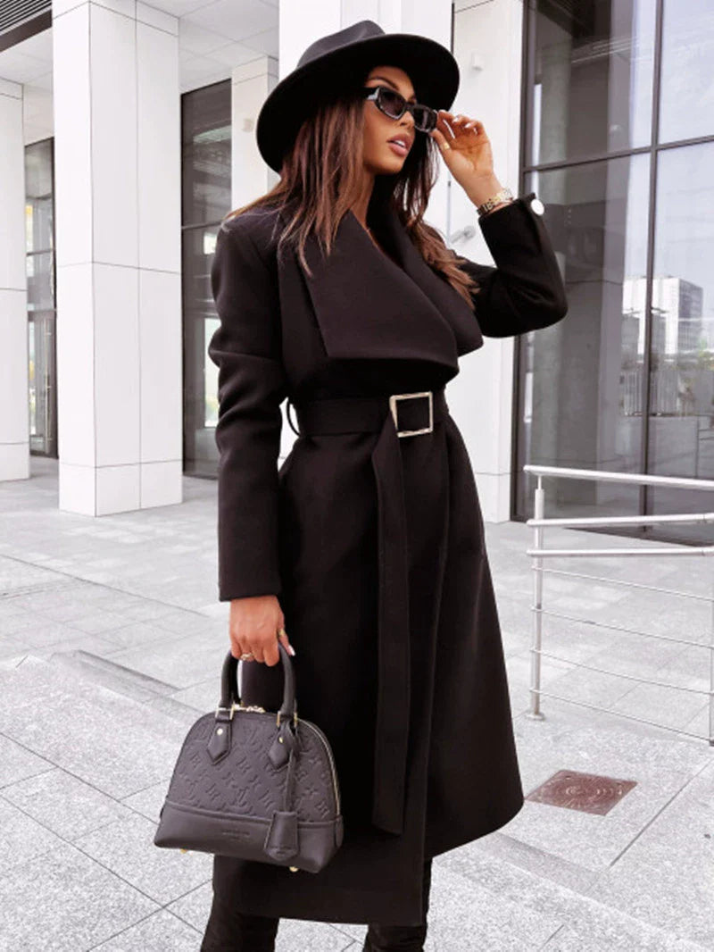 Women’s Longline Coat – Wool Feel – Tailored Relaxed Fit – Belted Waist – Draped Lapels