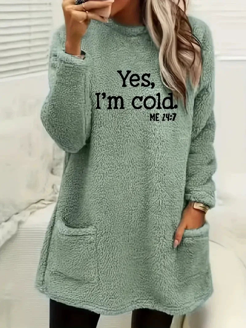 Women’s Oversized Sweatshirt – Double-Sided Fleece – Letter Print – Long Sleeve – Pockets