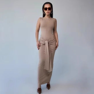 Women’s Bodycon Dress – Sleeveless Maxi – Round Neck – Waist Tie – Stretch Fit
