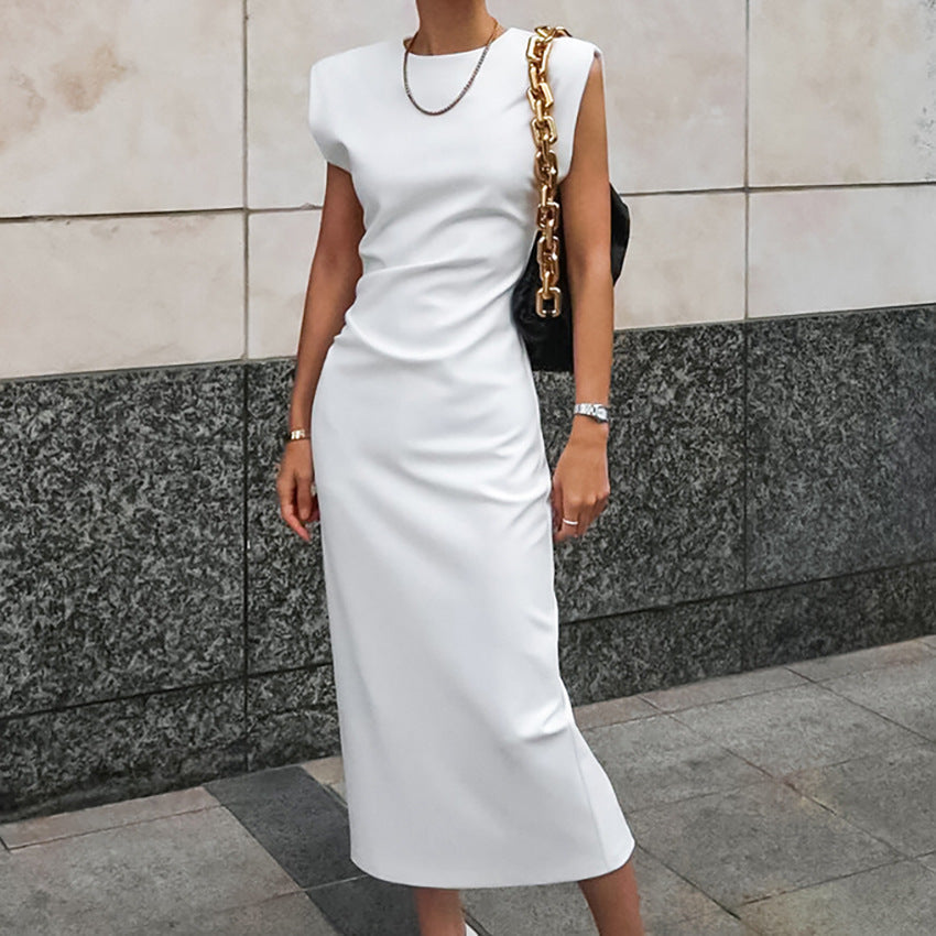 Women’s Midi Dress – Satin – Form-Fitting – High Neck – Sleeveless with Side Slit