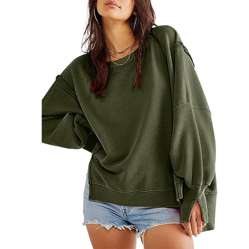 Women's Oversized Sweatshirt - Crew Neck - Long Sleeve - Side Slits - Casual Wear