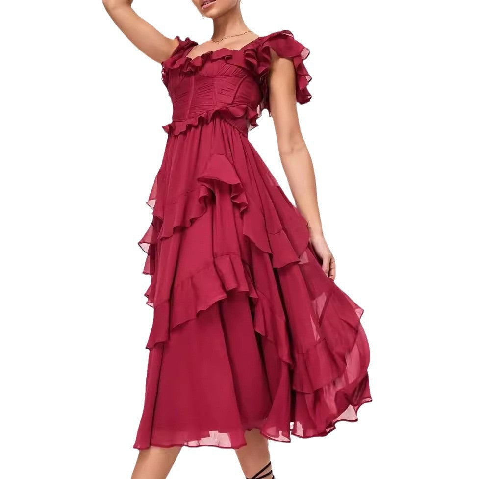 Women's Off-Shoulder Midi Dress - Tiered Ruffle Skirt - Elegant Flowing Fit
