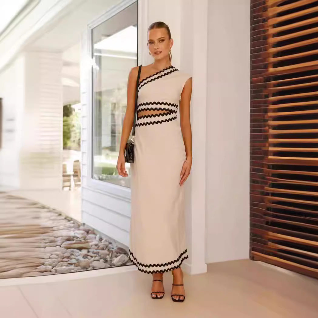 Women’s Maxi Dress – One Shoulder – Slim Fit – Asymmetrical Neckline – Zigzag Trim