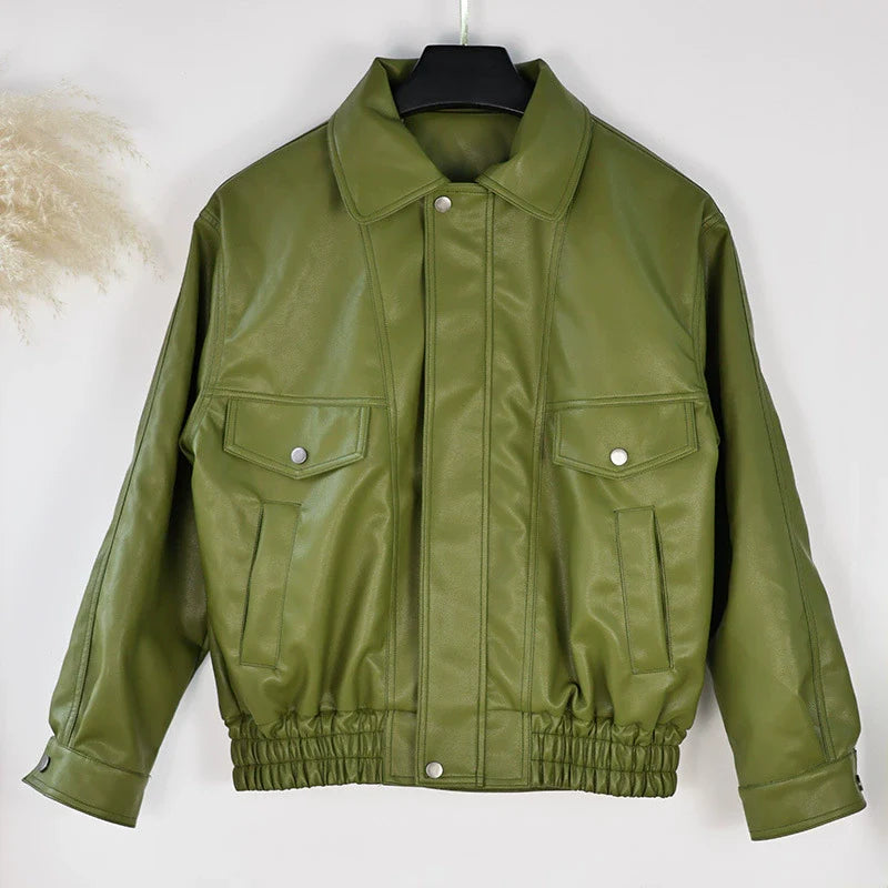 Women’s Bomber Jacket – Faux Leather – Relaxed Fit – Lapel Collar – Snap Front Closure