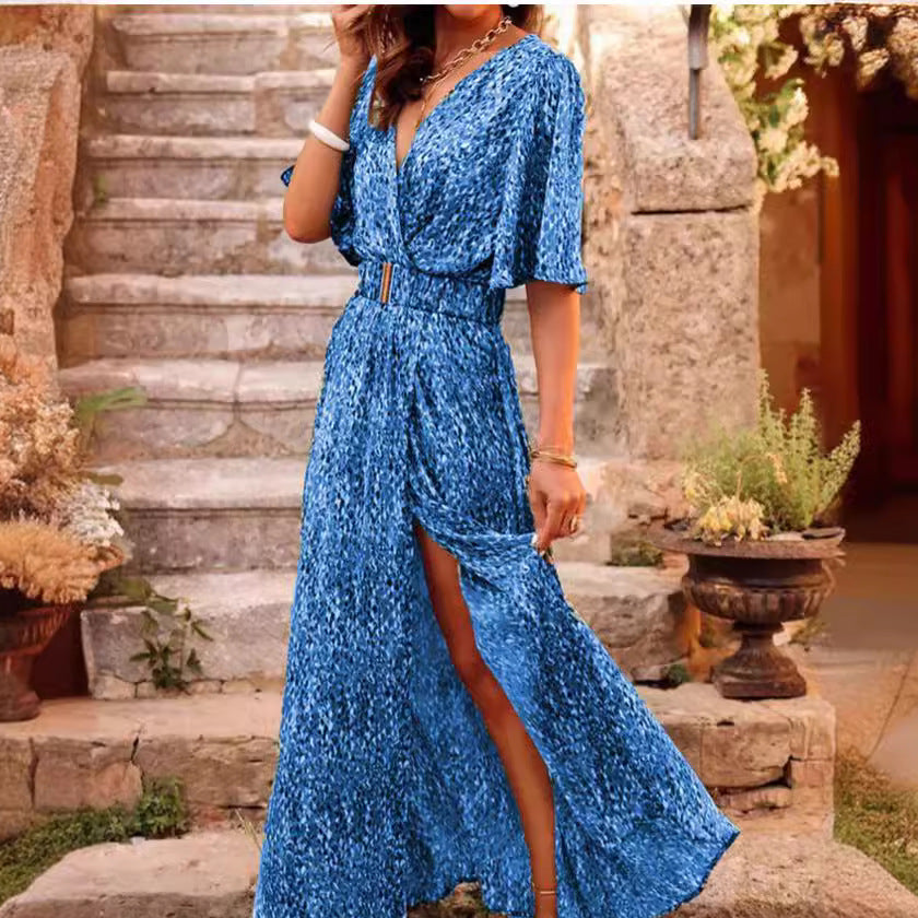 Women’s Maxi Dress – Wrap Style – Belted Waist – V-Neck – Short Sleeve Slit Hem