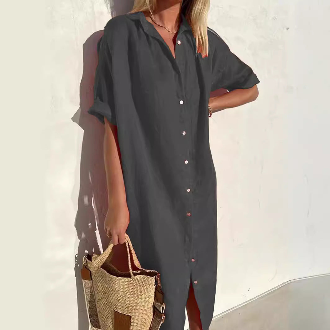 Women’s Shirt Dress – Cotton Linen Blend – Relaxed Fit – Midi Length – Button Down