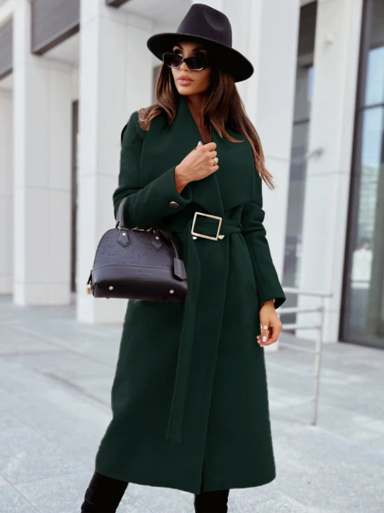 Women’s Longline Coat – Wool Feel – Tailored Relaxed Fit – Belted Waist – Draped Lapels
