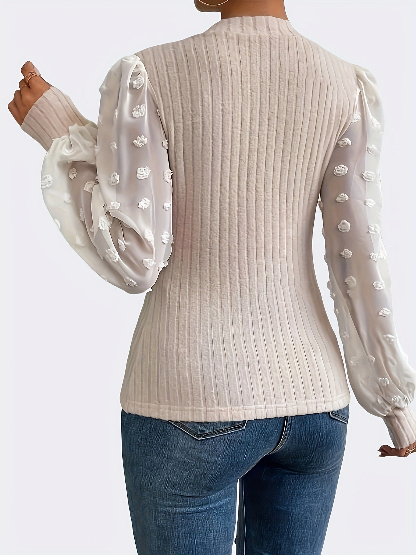Mesh Splicing - Long-Sleeved - Round Neck Tops