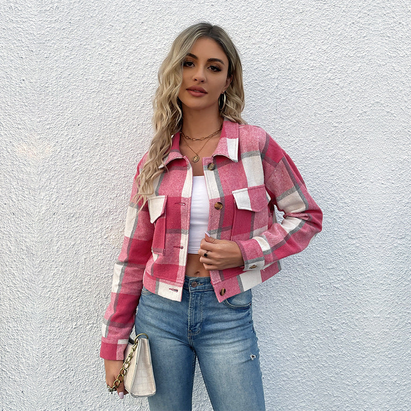 Women's single-breasted plaid lapel jacket