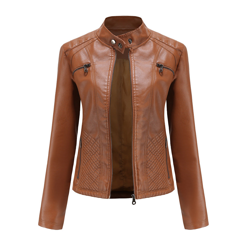 Women's casual faux leather stand-up collar jacket
