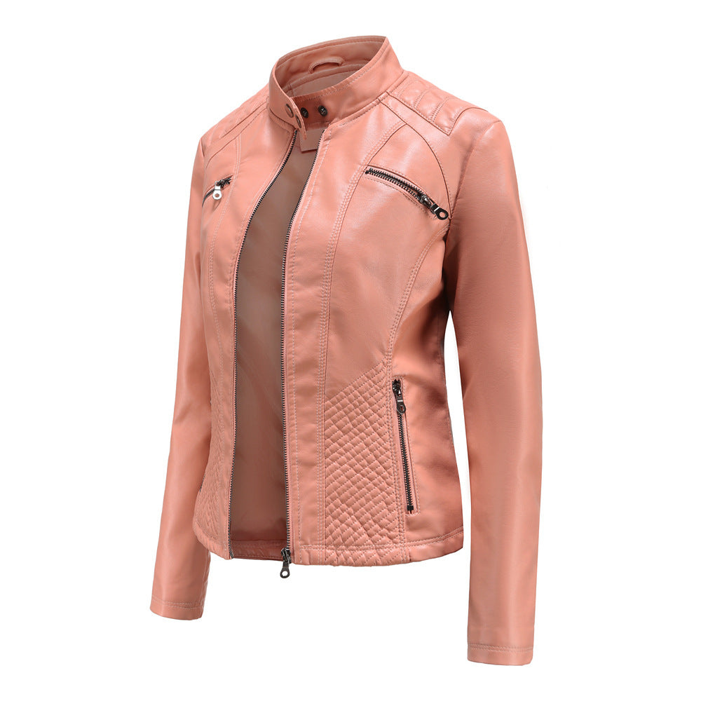 Women's casual faux leather stand-up collar jacket