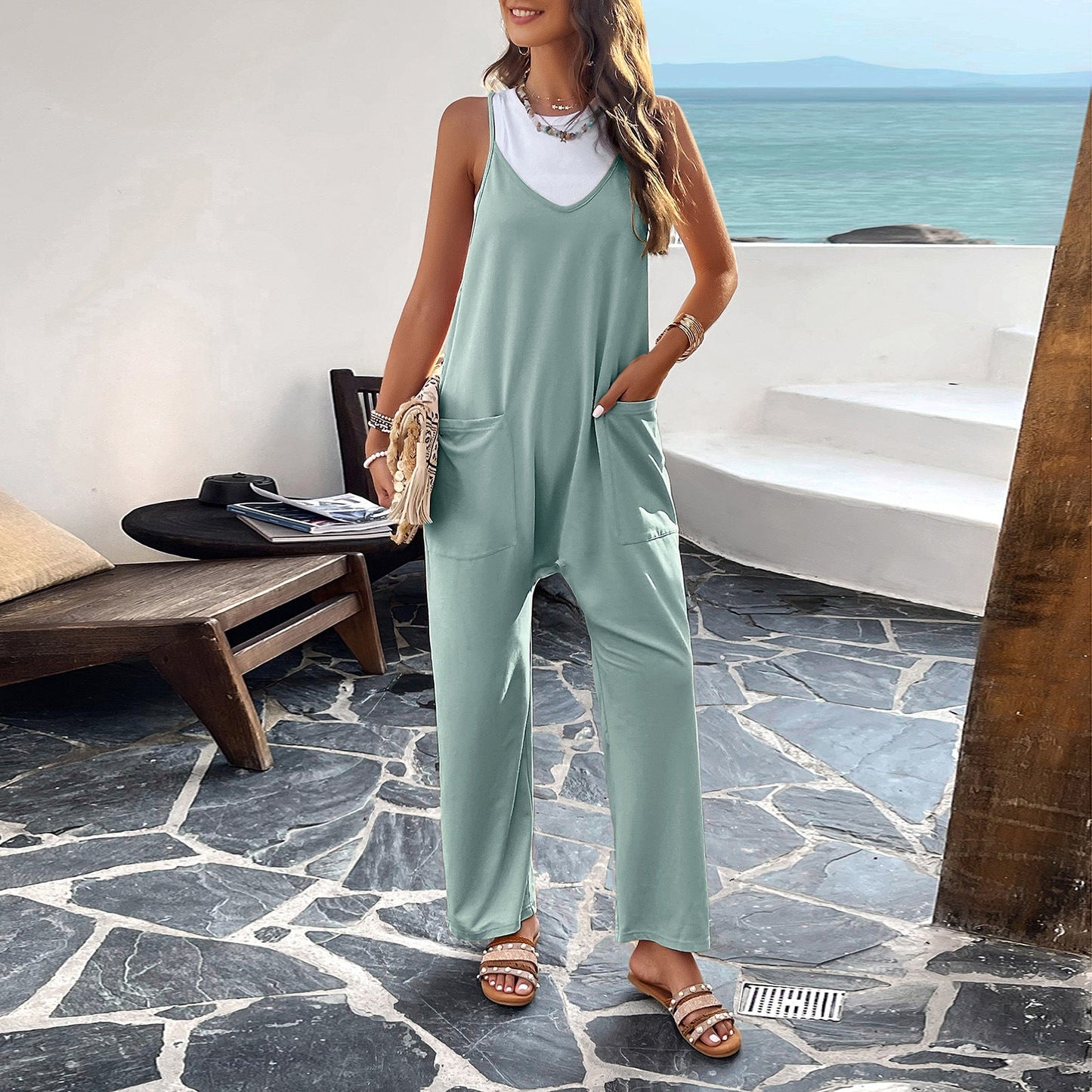 Women’s Jumpsuit – Relaxed Fit – Wide Leg – Sleeveless V-Neck – Lightweight Cotton Blend