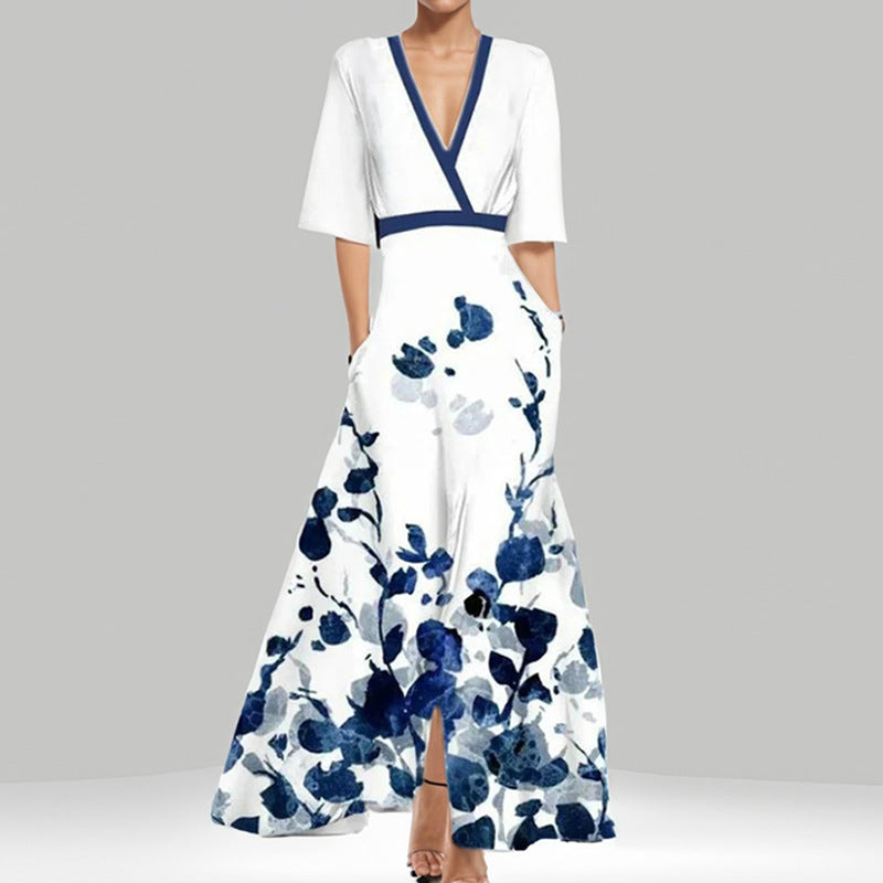 Women’s Maxi Dress – V-Neck with Trim – A-Line Fit – Lace-Up Waist – Printed Skirt – Pockets
