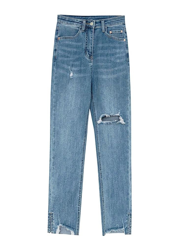 Distressed High-Waisted Straight-Leg Jeans