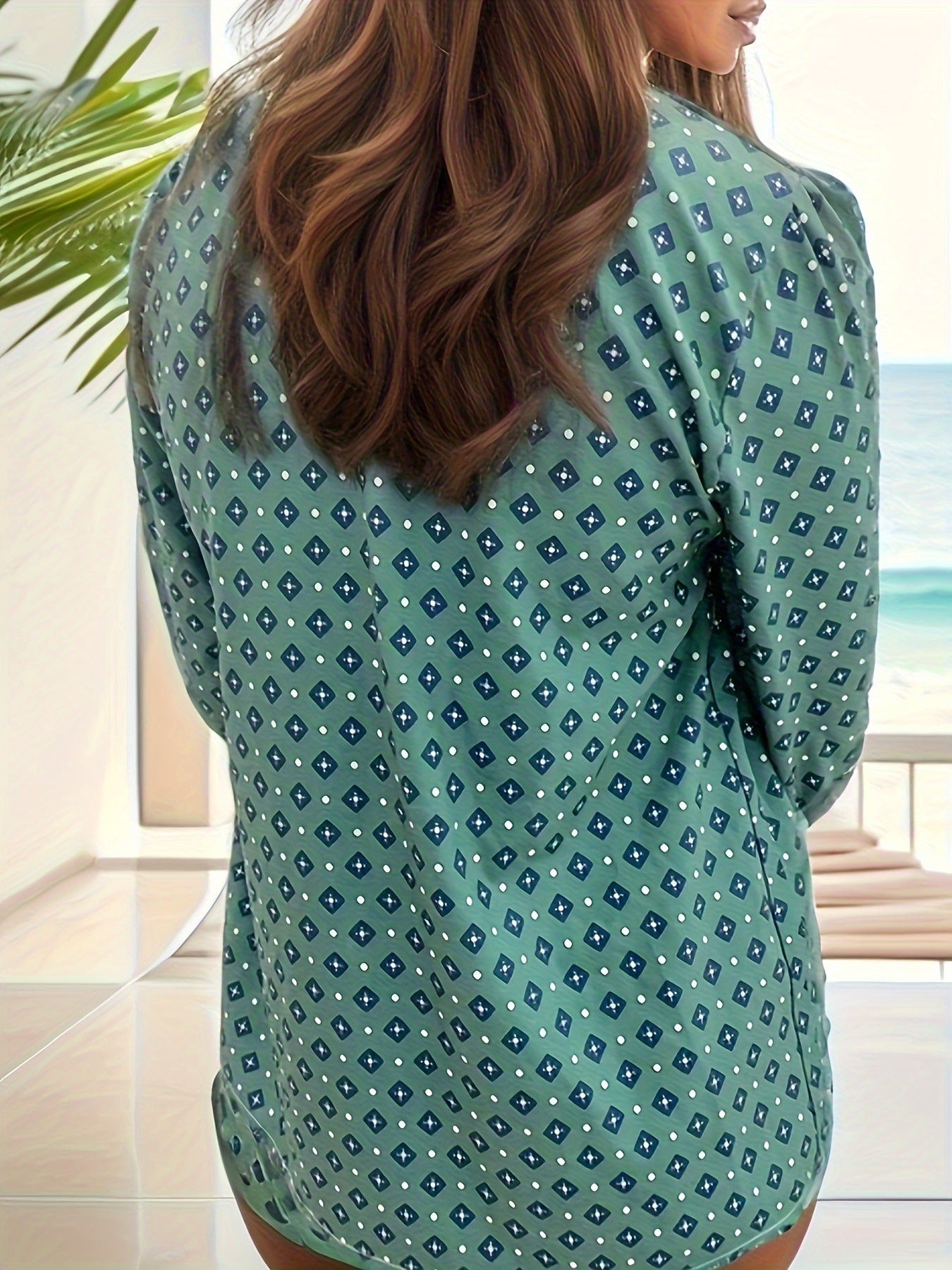 Women's Long Sleeve Blouse - Elegant High Neck Design - Casual Printed Pattern