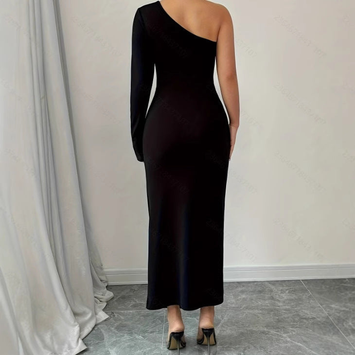 Women’s Bodycon Dress – Off-Shoulder – One Long Sleeve – Asymmetric Slit – Midi Length