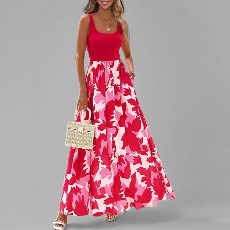 Women’s Maxi Dress – Sleeveless Scoop Neck – High Waist – A-Line Flowy Fit – Printed Skirt