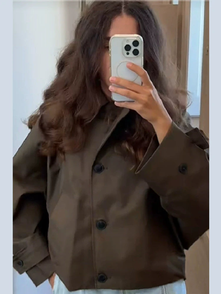 Women’s Jacket – Oversized Fit – Cropped Length – Cotton Blend – Button Front – Patch Pockets