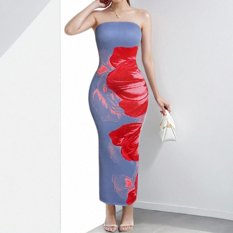 Women’s Strapless Dress – Slim Fit – Satin Feel – Floral Print – Full Length Formal Wear