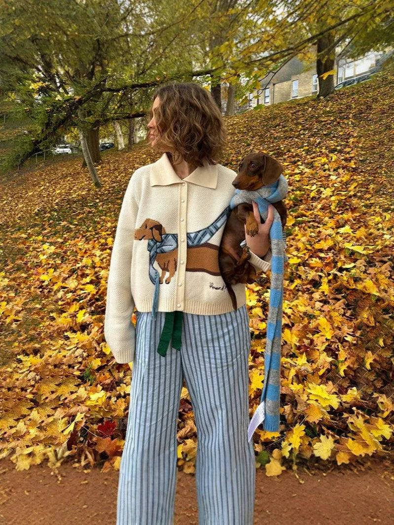 Women’s Cardigan Sweater – Cropped Fit – Knitted – Button Front – Dachshund Graphic