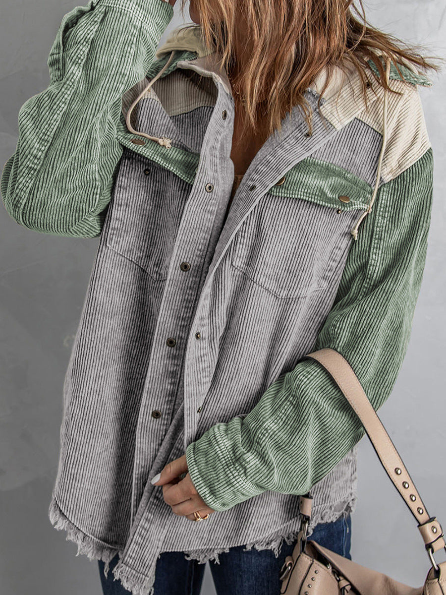 Women’s Hooded Jacket – Corduroy – Oversized Fit – Button Front – Frayed Hem Casual