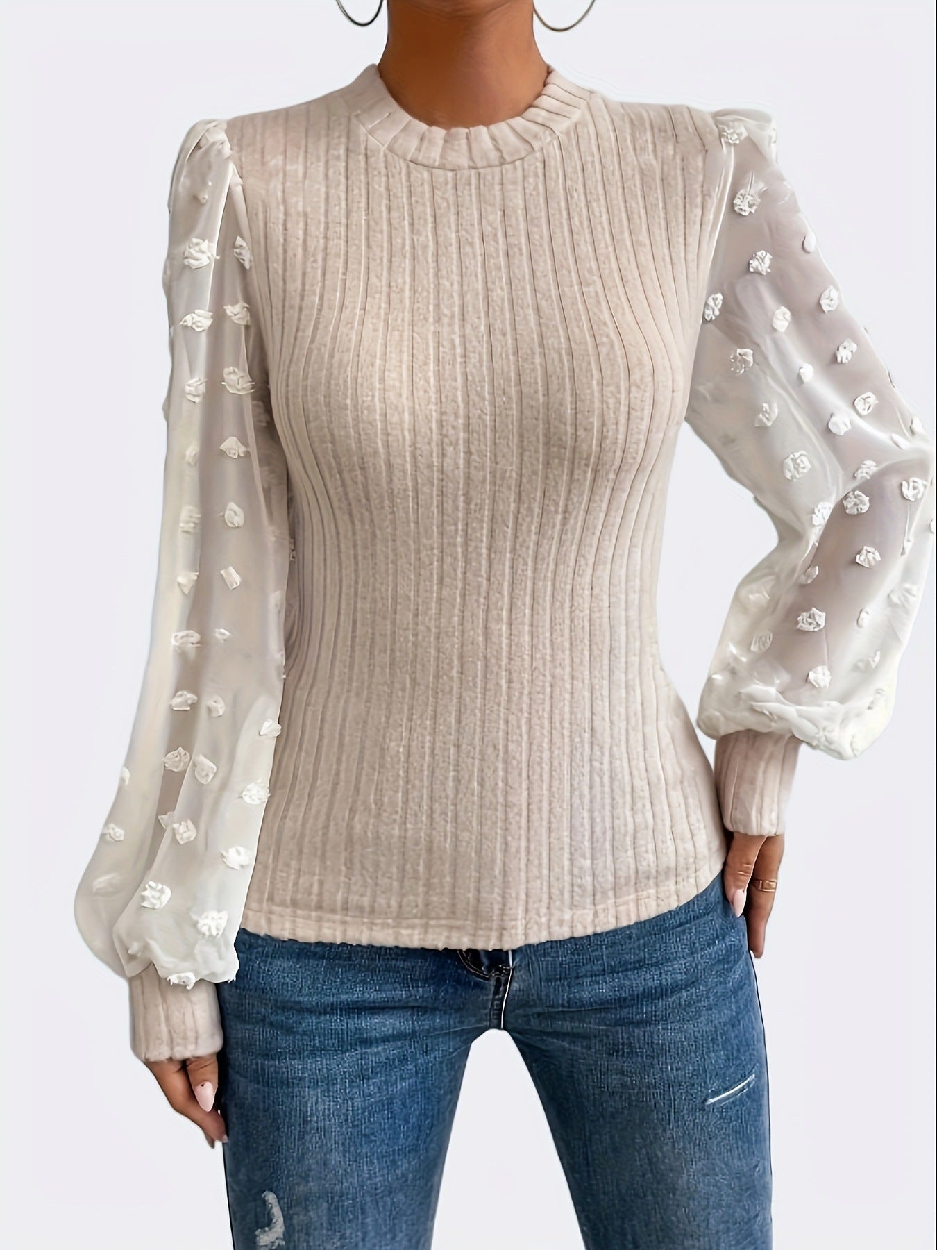 Mesh Splicing - Long-Sleeved - Round Neck Tops