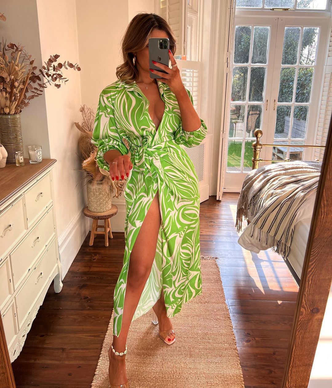 Women's Long Sleeve Wrap Dress - Green Pattern - Elegant Slit
