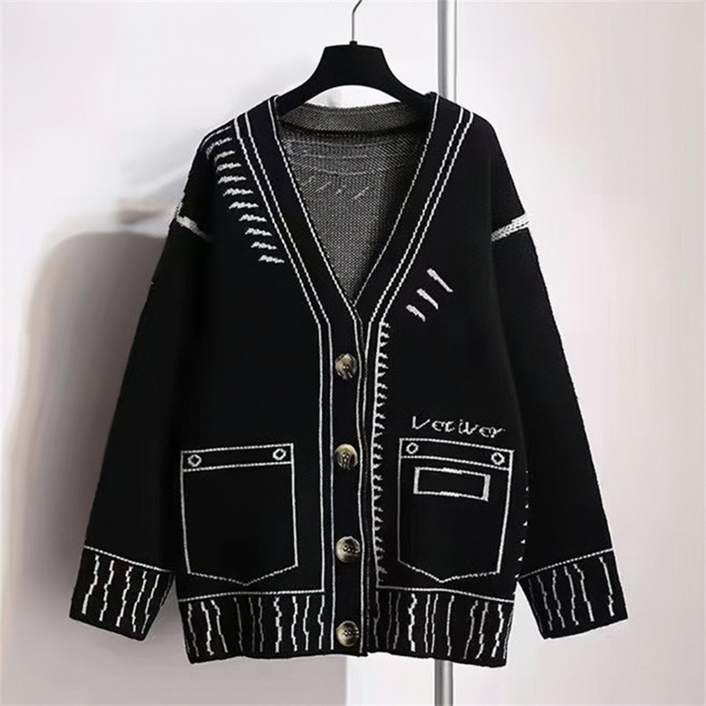 Women's black and white knitted loose slouchy cardigan