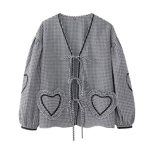 Gingham Checkered Puff Sleeve Embroidered Blouse