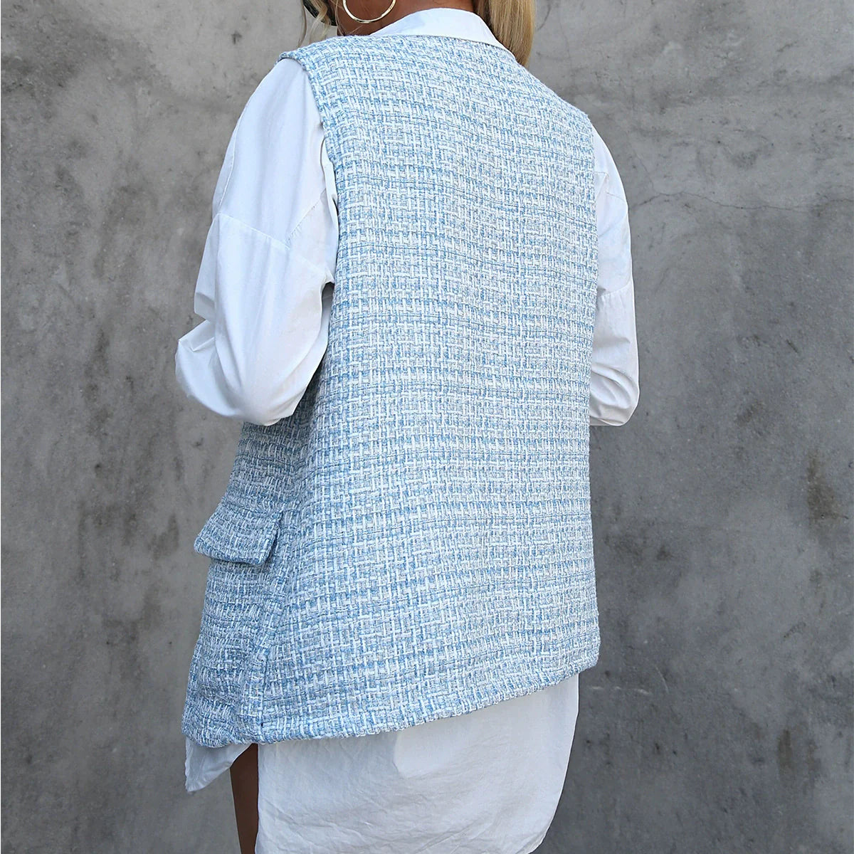 Women’s Cardigan Vest – Houndstooth Plaid – Tweed Texture – Relaxed Fit – Mid-Length