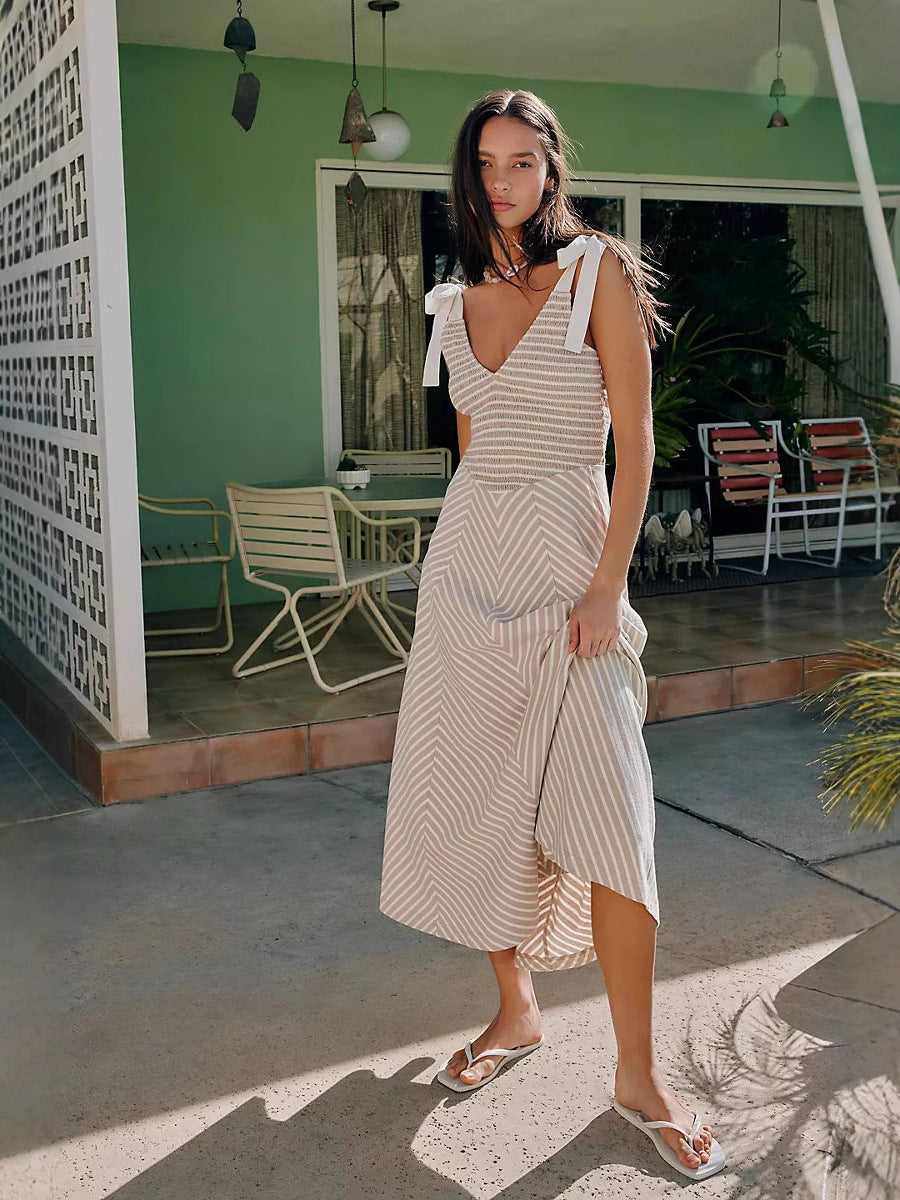 Women’s Midi Dress – A-Line Fit – Adjustable Straps – Deep V-Neck – Cotton Fabric