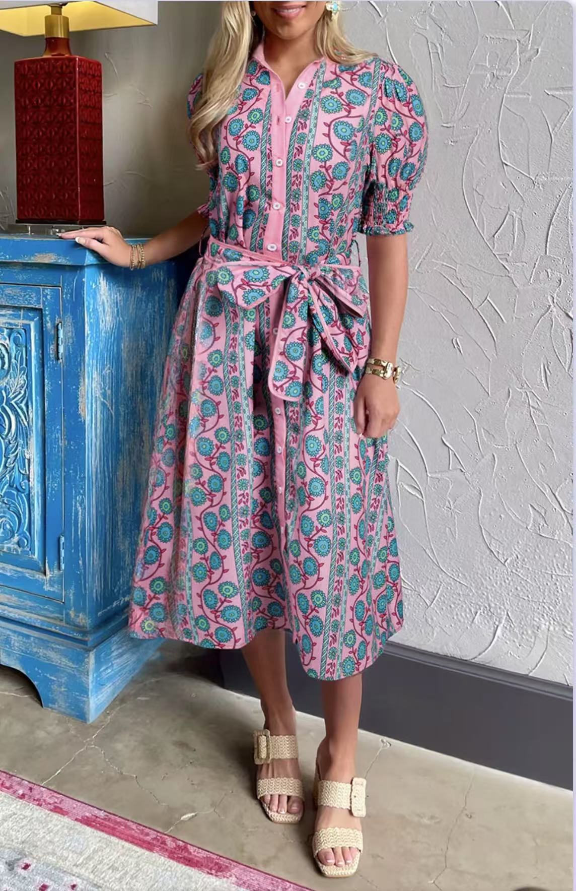 Belted Puff Sleeve Cotton Blend Midi Dress