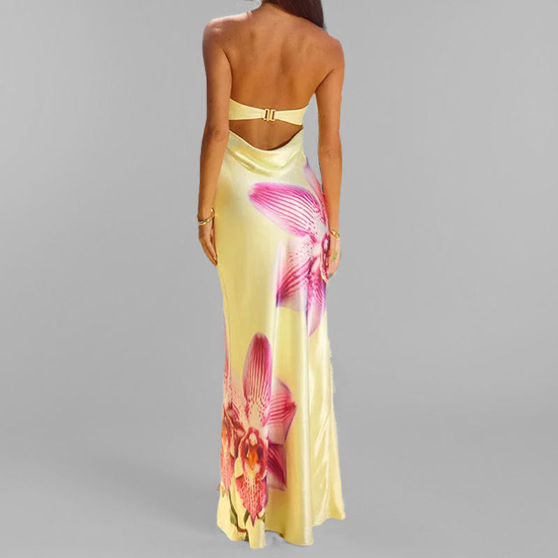 Women’s Maxi Dress – Strapless Slim Fit – Floral Print – Lightweight Flowing Fabric