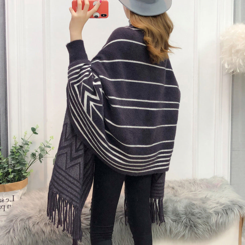 Women's mid-length faux mink fringe batwing knitted cardigan