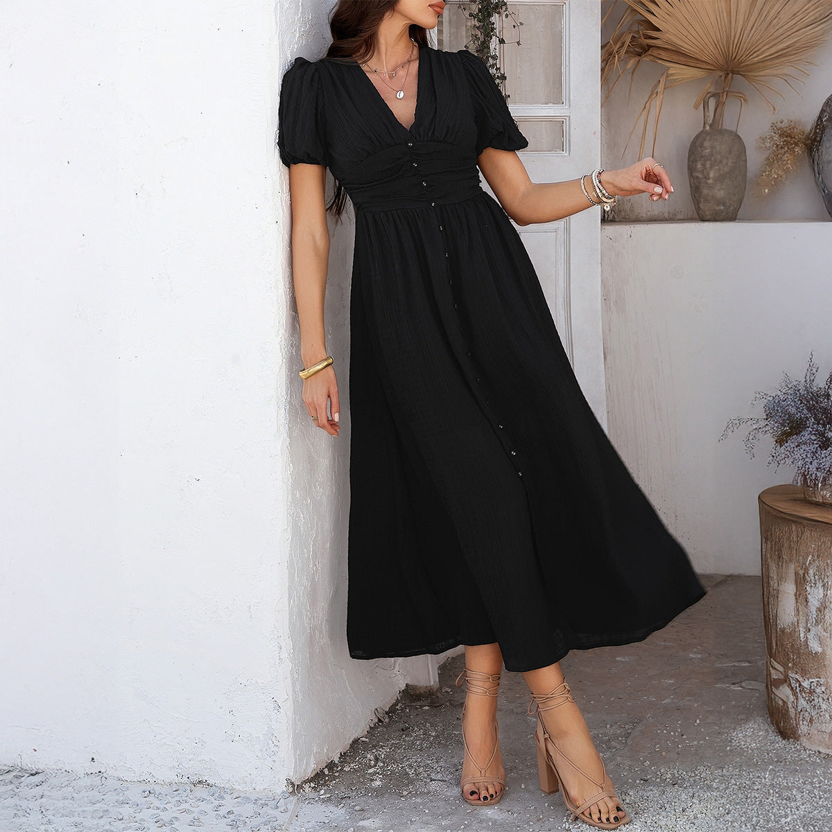 Women’s Maxi Dress – V-Neck – Puff Sleeve – Front Slit – Button Front – Cotton Blend