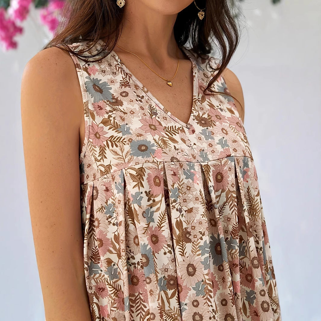 Women's Sleeveless V-Neck - Floral Print Dress