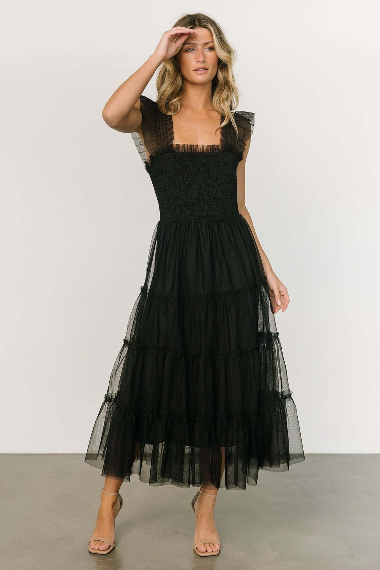 Women’s Midi Dress – Smocked Bodice – Tiered Mesh Skirt – Ruffled Sleeveless Design