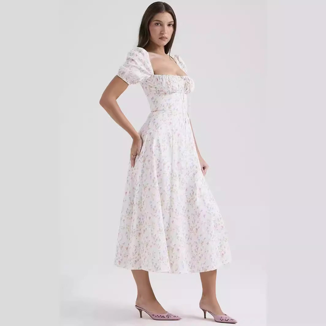 Floral Print Puff Sleeve A-Line Midi Dress