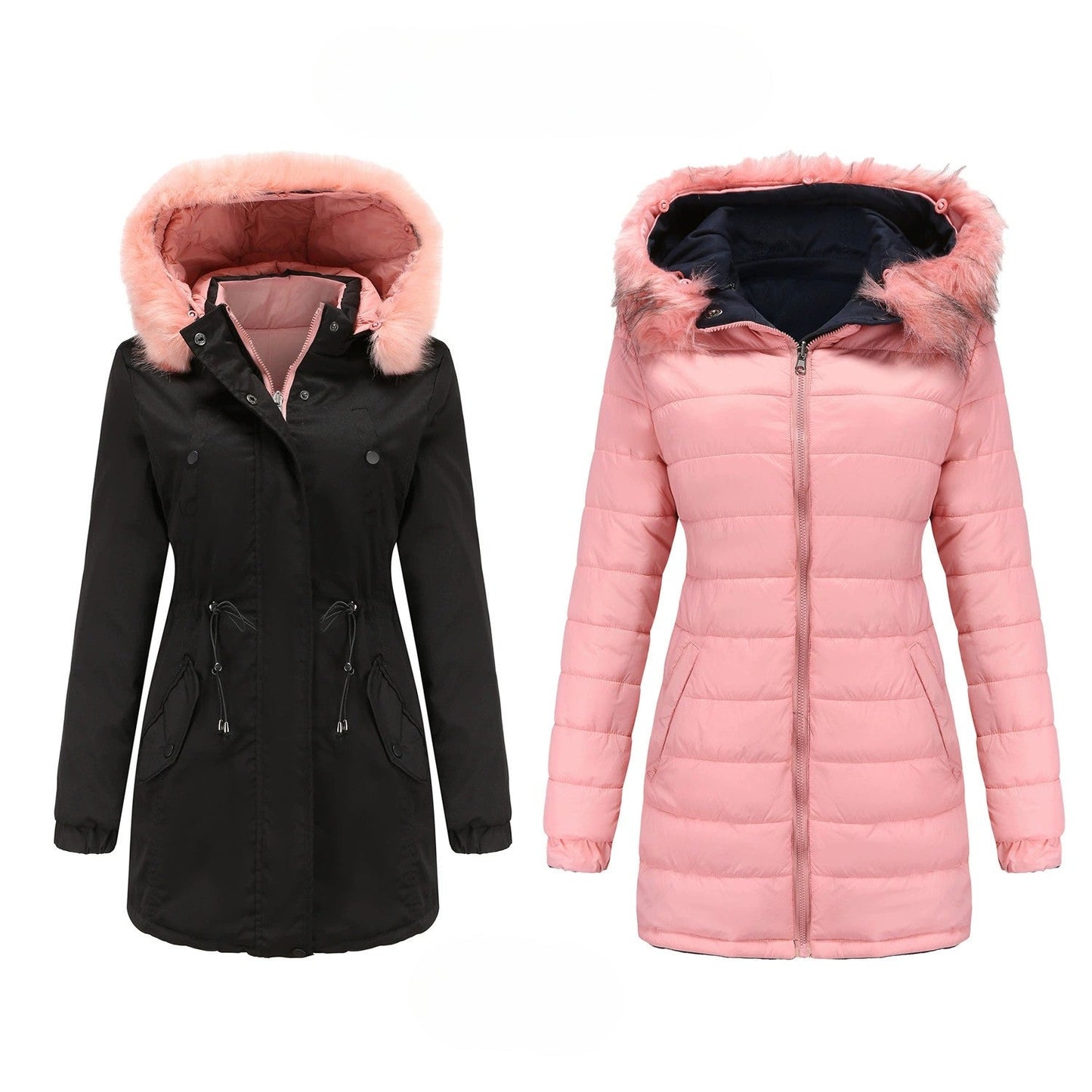 Women’s Parka Jacket – Water-Resistant – Faux Fur Hood – Adjustable Waist – Mid-Thigh Length
