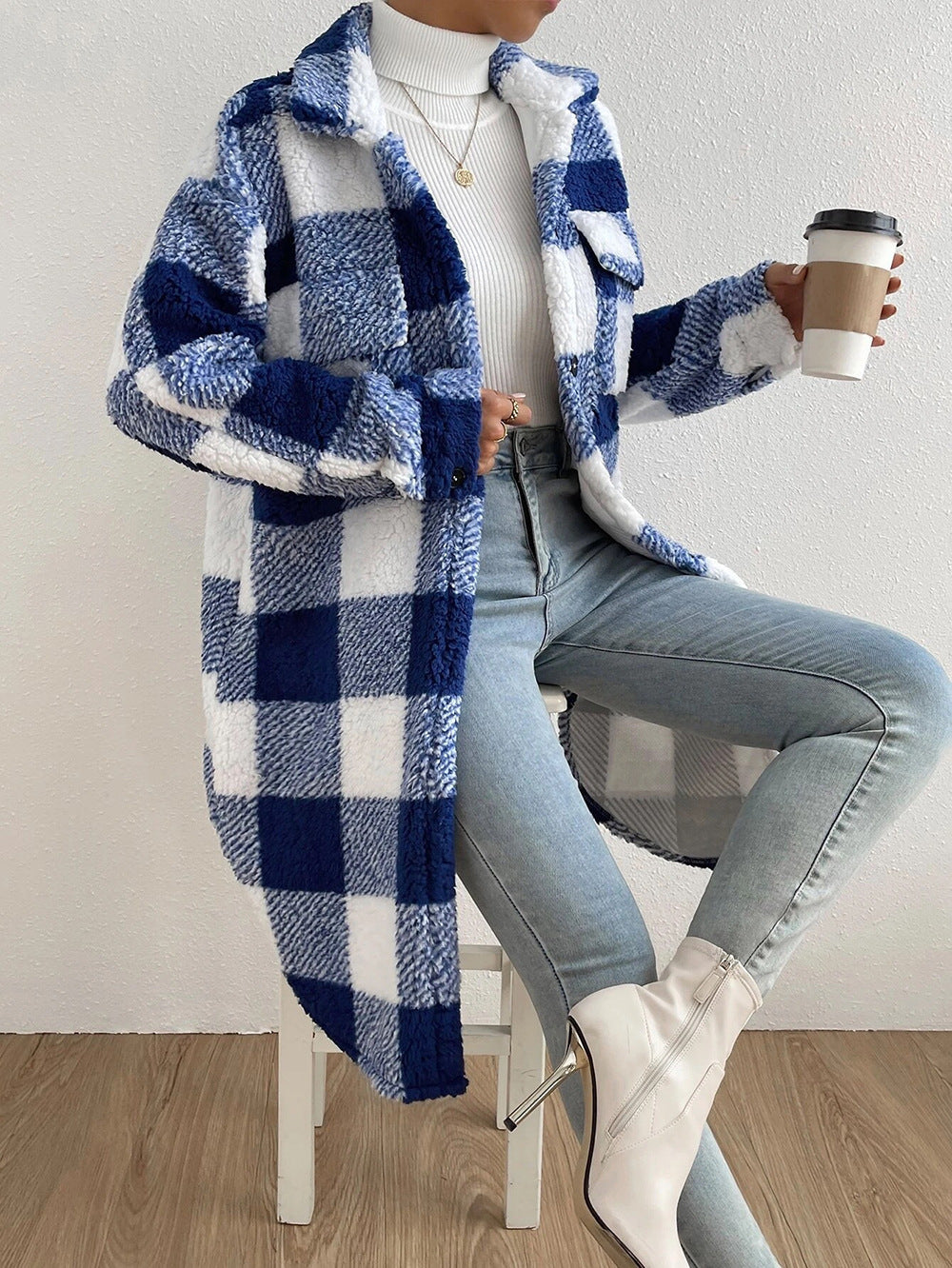 Women's autumn winter long plaid fleece sweatshirt coat