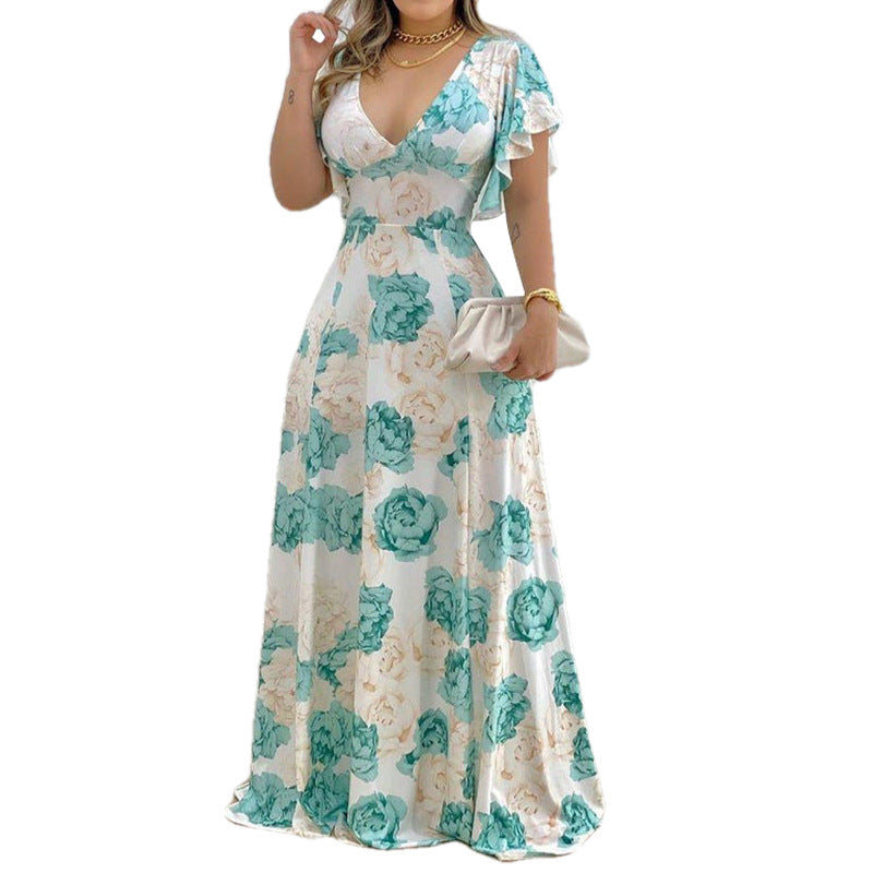 Women's Floral V-Neck Flounce Sleeve A-Line Dress