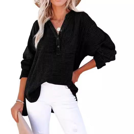 Women’s Long Sleeve Top – Relaxed Fit – Natural Fibers – Pleated Button Front