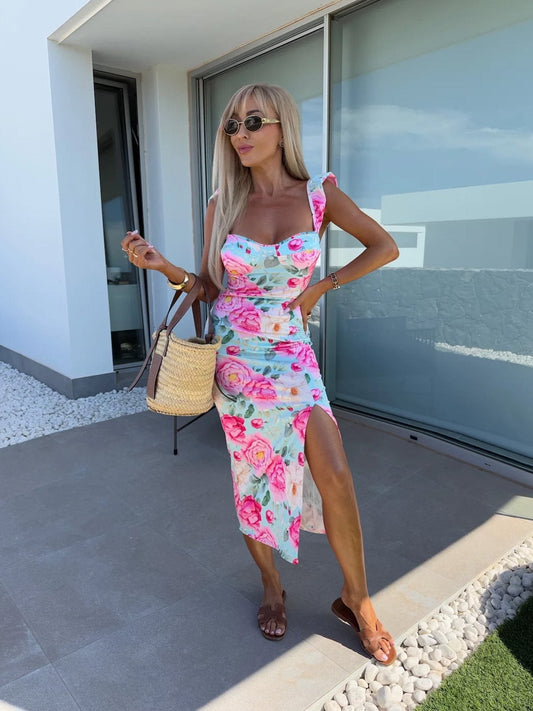 Floral Print Breathable Slim Fit Midi Dress
