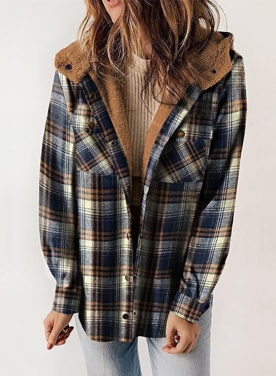 Women’s Jacket – Wool Blend – Relaxed Fit – Plaid – Plush Hood – Button-Up Casual Wear
