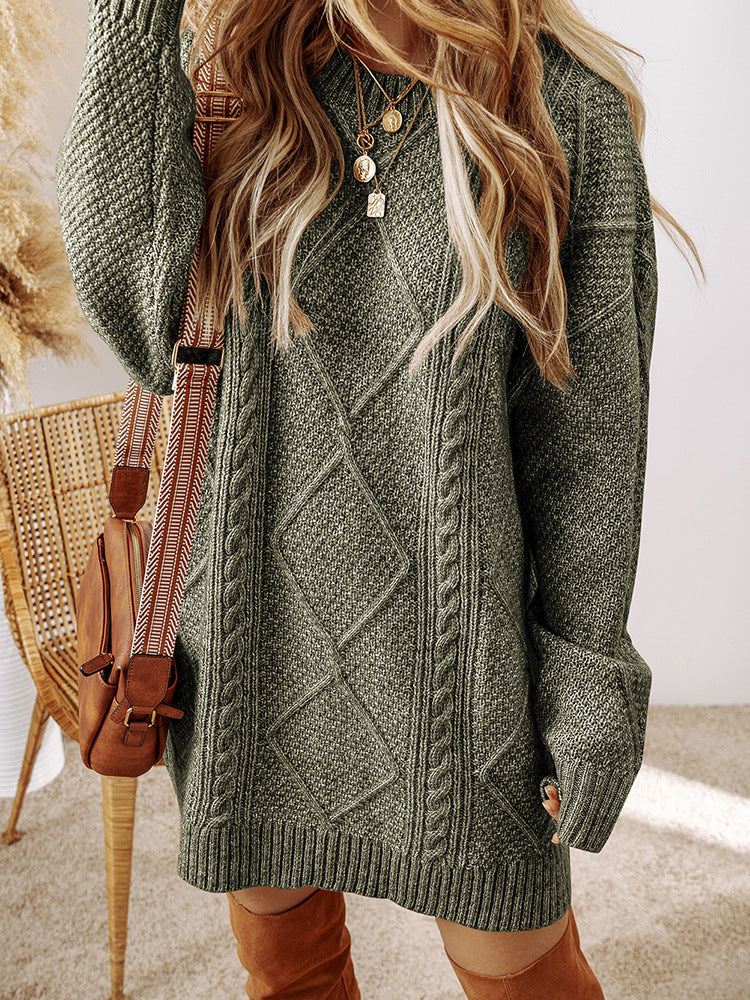 Women’s Sweatshirt – Cable Knit Wool – Loose Fit – Knee Length – Long Sleeve Casual Wear