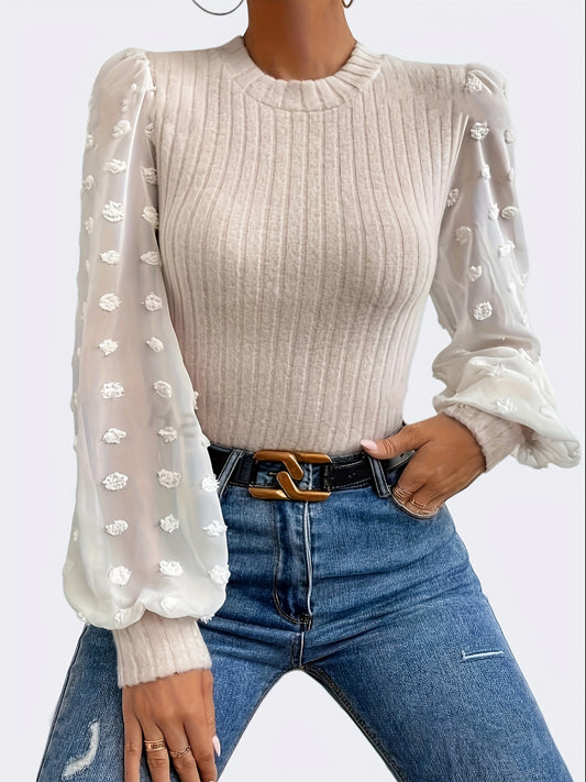 Mesh Splicing - Long-Sleeved - Round Neck Tops