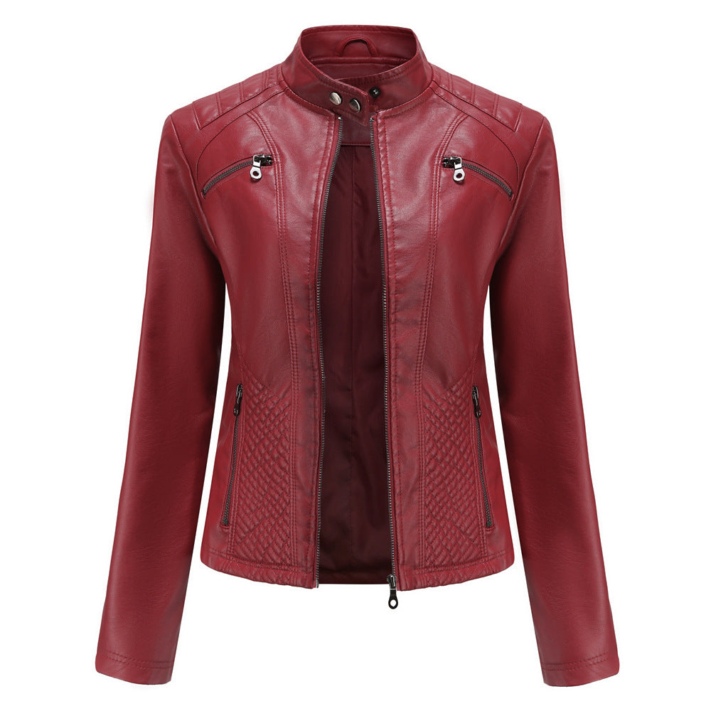 Women's casual faux leather stand-up collar jacket