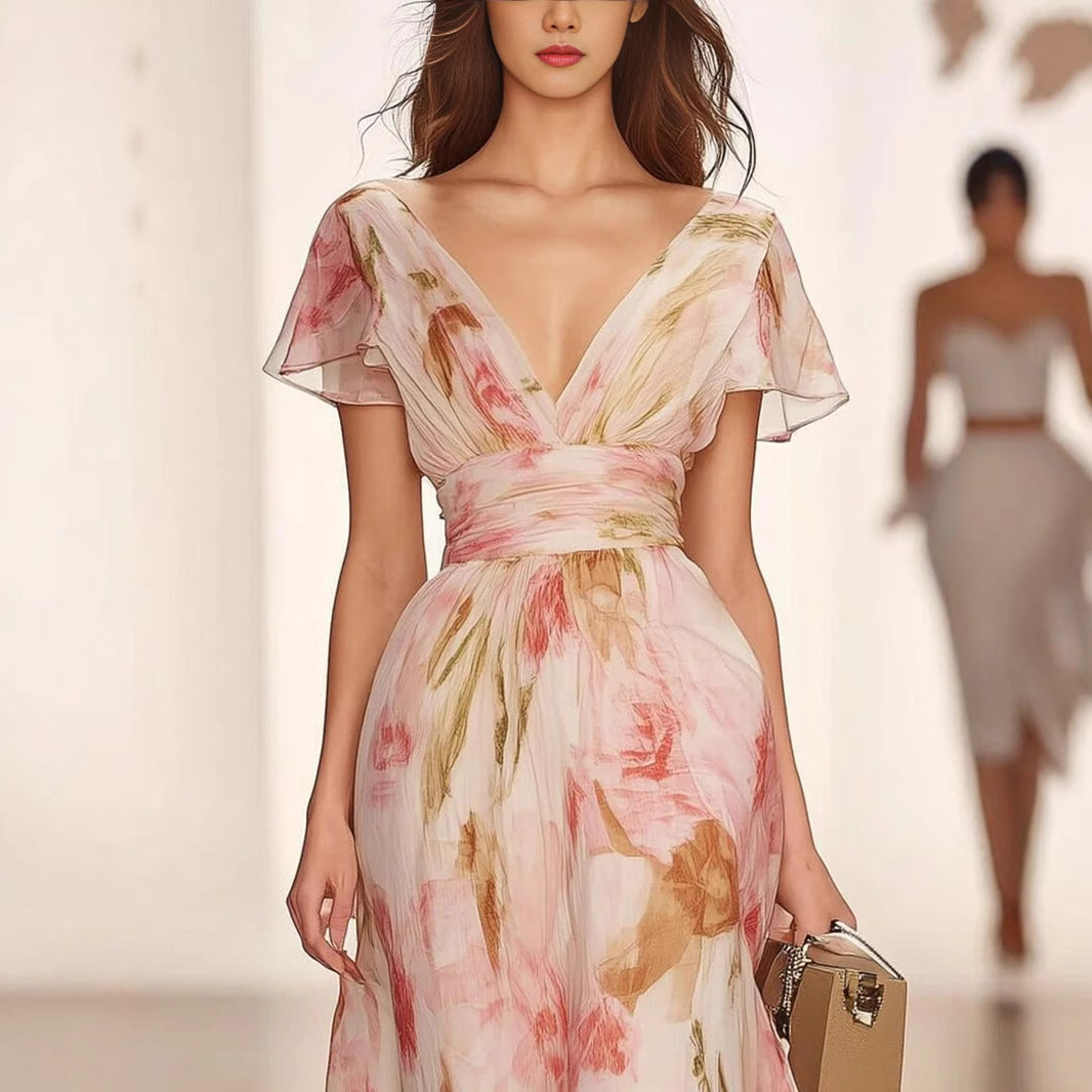 Women’s Maxi Dress – Fit and Flare – Chiffon – Deep V-Neck – Flutter Sleeve Floral