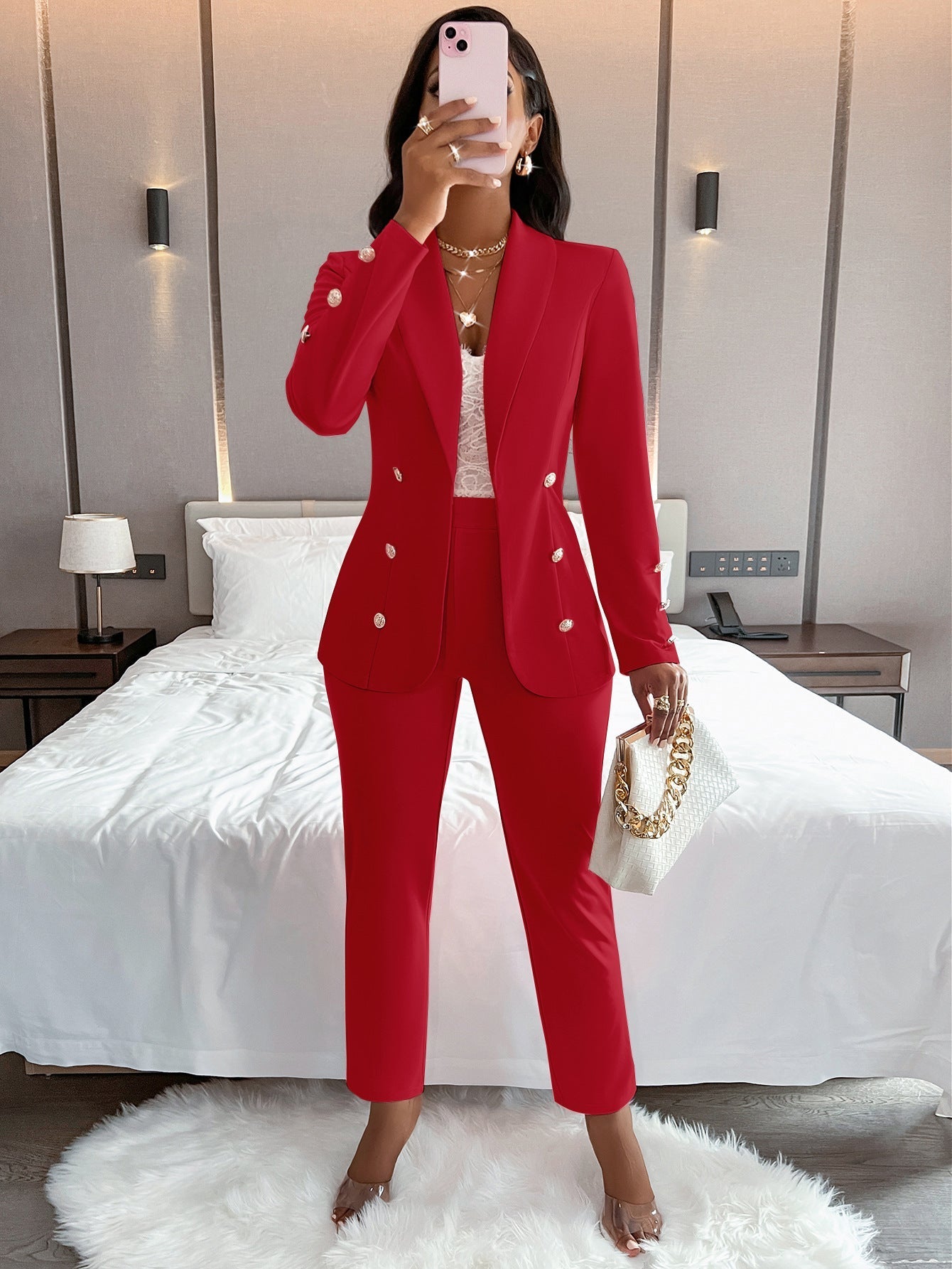 Women's double-breasted casual suit set with long sleeves